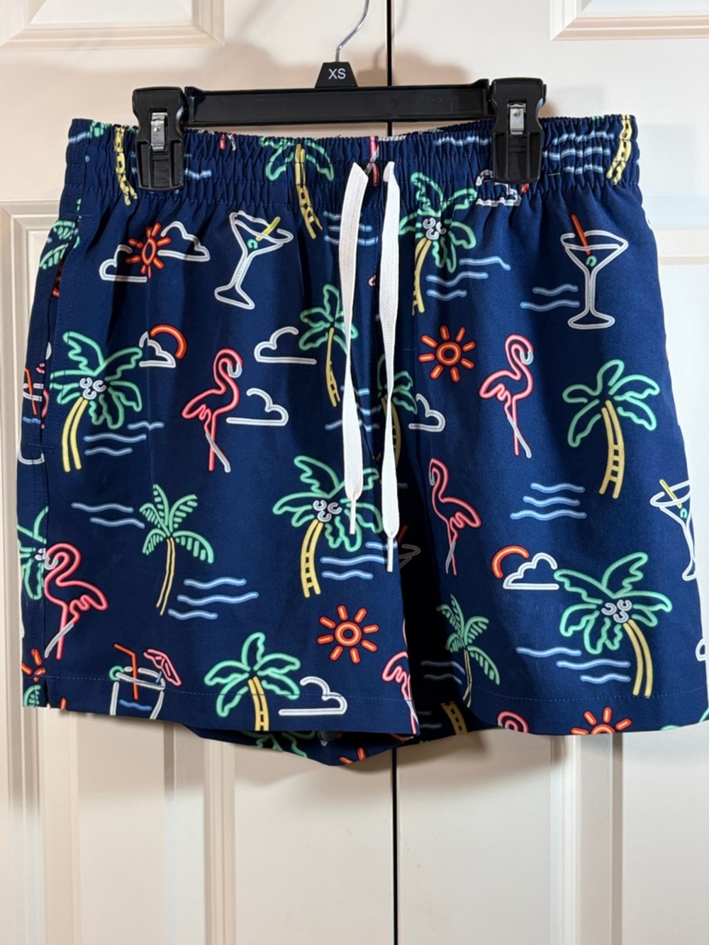 chubbies Navy Tropical Neon Flamingo Swim Shorts
